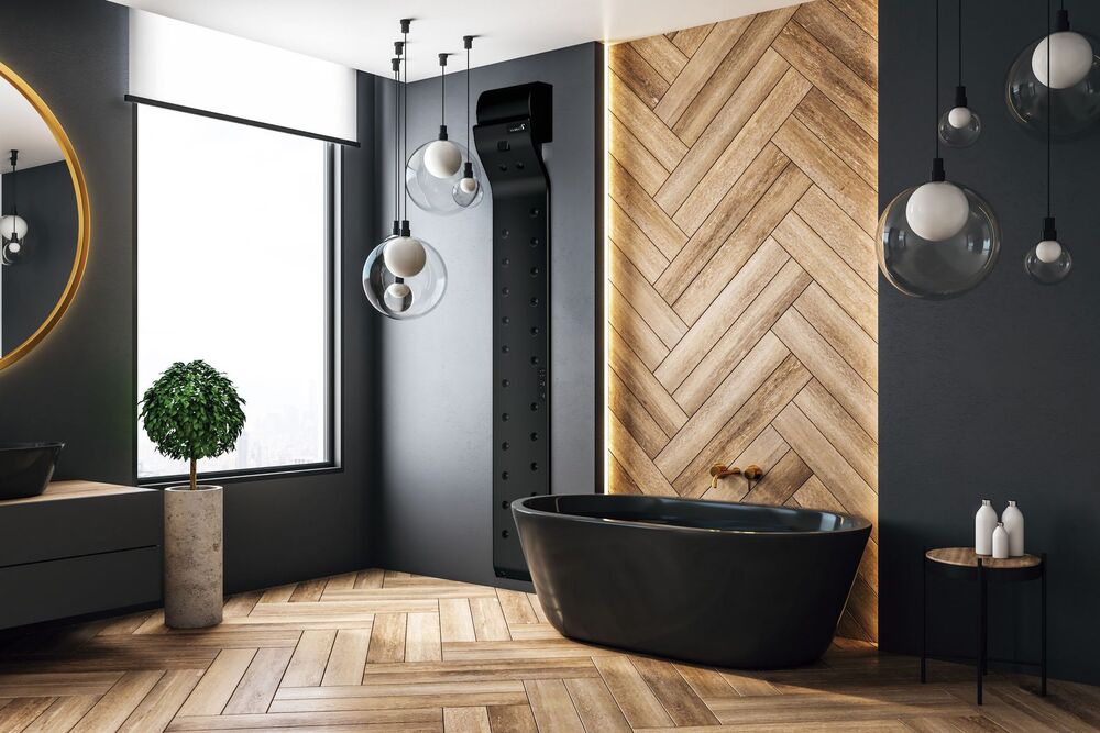 baño moderno tonos madera negro