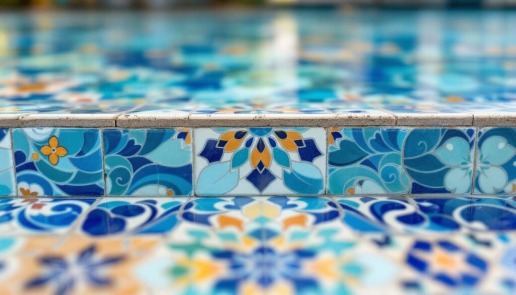 borde de piscina con azulejos decorativos y detalles en tonos azules