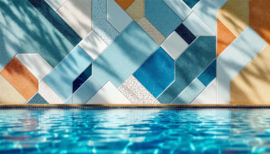 detalles de azulejos en tonos azules con patrones geometricos y modernos