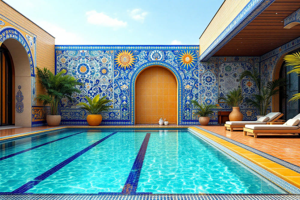 piscina con decoracion de azulejos coloridos en un ambiente relajante y exterior