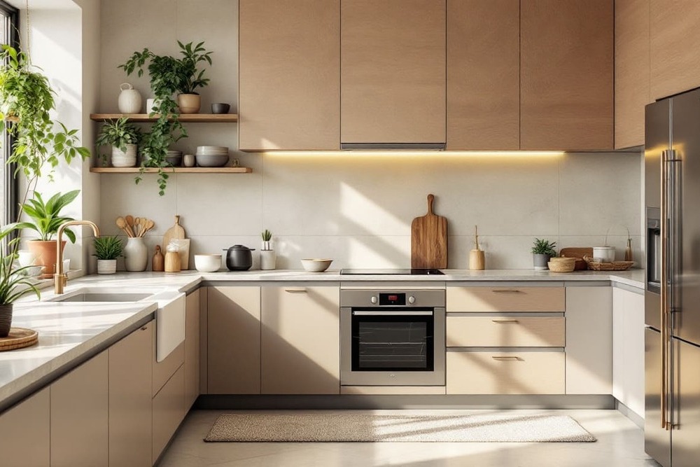 cocina con armarios de madera y luz integrada